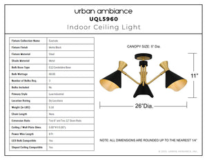 Urban Ambiance - Ceiling Light - UQL5960 Luxe Industrial Indoor Ceiling Light, 11.00''H x 26.00''W x 26.00''Dep, Matte Black Finish, Eastvale Collection - 