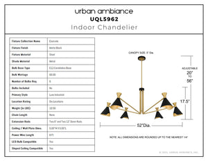 Urban Ambiance - Chandelier - UQL5962 Luxe Industrial Indoor Chandelier, 17.50''H x 52.00''W x 52.00''Dep, Matte Black Finish, Eastvale Collection - 