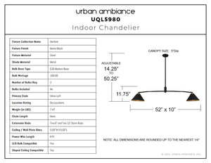 Urban Ambiance - Chandelier - UQL5980 Urban Loft Indoor Chandelier, 11.75''H x 52.00''W x 10.00''Dep, Matte Black Finish, Hanford Collection - 