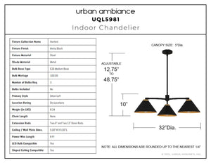 Urban Ambiance - Chandelier - UQL5981 Urban Loft Indoor Chandelier, 10.00''H x 32.00''W x 32.00''Dep, Matte Black Finish, Hanford Collection - 