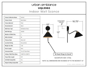 Urban Ambiance - Wall Sconce - UQL5982 Urban Loft Indoor Wall Sconce, 12.00''H x 10.00''W x 16.75''Dep, Matte Black Finish, Hanford Collection - 