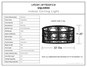 Urban Ambiance - Ceiling Light - UQL5990 Bohemian Indoor Ceiling Light, 11.25''H x 22.00''W x 22.00''Dep, Antique Nickel Finish, Rosemead Collection - 
