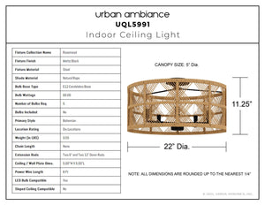 Urban Ambiance - Ceiling Light - UQL5991 Bohemian Indoor Ceiling Light, 11.25''H x 22.00''W x 22.00''Dep, Matte Black Finish, Rosemead Collection - 