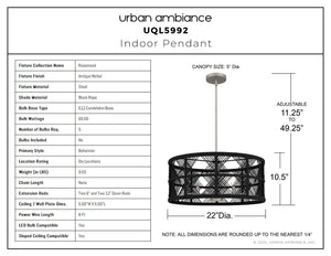 Urban Ambiance - Pendant - UQL5992 Bohemian Indoor Pendant, 10.50''H x 22.00''W x 22.00''Dep, Antique Nickel Finish, Rosemead Collection - 