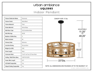 Urban Ambiance - Pendant - UQL5993 Bohemian Indoor Pendant, 10.50''H x 22.00''W x 22.00''Dep, Matte Black Finish, Rosemead Collection - 