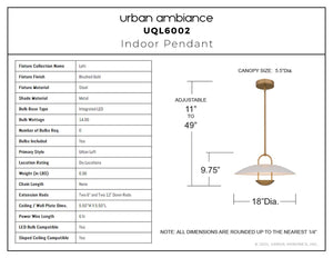 Urban Ambiance - Pendant - UQL6002 Urban Loft Indoor Pendant, 9.75''H x 18.00''W x 18.00''Dep, Brushed Gold Finish, Lehi Collection - 