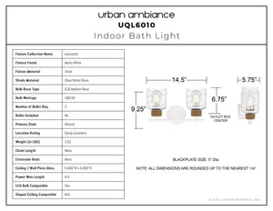 Urban Ambiance - Bath Light - UQL6010 Natural Indoor Bath Light, 9.25''H x 14.50''W x 5.75''Dep, Matte White Finish, Lancaster Collection - 