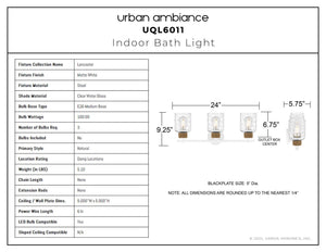 Urban Ambiance - Bath Light - UQL6011 Natural Indoor Bath Light, 9.25''H x 24.00''W x 5.75''Dep, Matte White Finish, Lancaster Collection - 