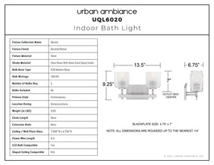 Urban Ambiance - Bath Light - UQL6020 Contemporary Indoor Bath Light, 9.25''H x 13.50''W x 6.75''Dep, Brushed Nickel Finish, Novato Collection - 
