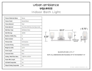 Urban Ambiance - Bath Light - UQL6022 Contemporary Indoor Bath Light, 9.25''H x 22.50''W x 6.75''Dep, Brushed Nickel Finish, Novato Collection - 
