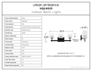 Urban Ambiance - Bath Light - UQL6023 Contemporary Indoor Bath Light, 9.25''H x 22.50''W x 6.75''Dep, Matte Black Finish, Novato Collection - 