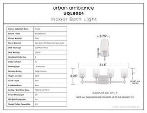 Urban Ambiance - Bath Light - UQL6024 Contemporary Indoor Bath Light, 9.25''H x 31.50''W x 6.75''Dep, Brushed Nickel Finish, Novato Collection - 