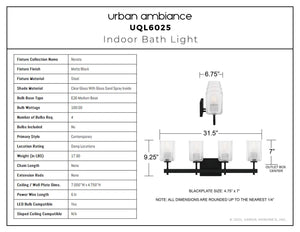 Urban Ambiance - Bath Light - UQL6025 Contemporary Indoor Bath Light, 9.25''H x 31.50''W x 6.75''Dep, Matte Black Finish, Novato Collection - 