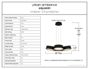Urban Ambiance - Chandelier - UQL6031 Modern Indoor Chandelier, 4.50''H x 26.00''W x 26.00''Dep, Matte Black Finish, Elyria Collection - 