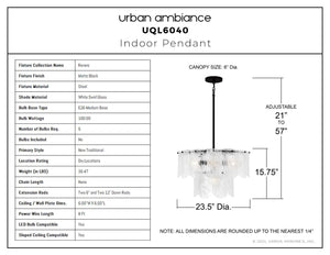 Urban Ambiance - Pendant - UQL6040 New Traditional Indoor Pendant, 15.75''H x 23.50''W x 23.50''Dep, Matte Black Finish, Revere Collection - 