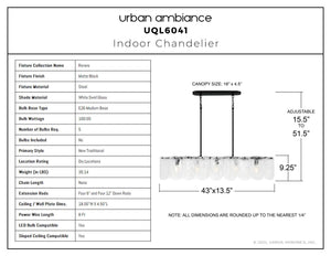 Urban Ambiance - Chandelier - UQL6041 New Traditional Indoor Chandelier, 9.25''H x 43.00''W x 13.50''Dep, Matte Black Finish, Revere Collection - 