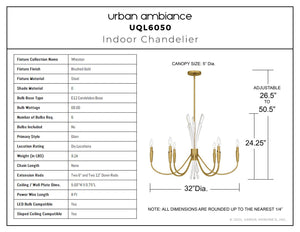Urban Ambiance - Chandelier - UQL6050 Glam Indoor Chandelier, 24.25''H x 32.00''W x 32.00''Dep, Brushed Gold Finish, Wheaton Collection - 