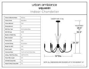 Urban Ambiance - Chandelier - UQL6051 Glam Indoor Chandelier, 24.25''H x 32.00''W x 32.00''Dep, Matte Black Finish, Wheaton Collection - 