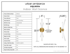 Urban Ambiance - Wall Sconce - UQL6054 Glam Indoor Wall Sconce, 22.50''H x 5.00''W x 5.25''Dep, Brushed Gold Finish, Wheaton Collection - 