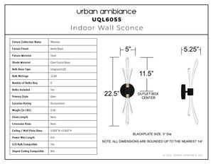 Urban Ambiance - Wall Sconce - UQL6055 Glam Indoor Wall Sconce, 22.50''H x 5.00''W x 5.25''Dep, Matte Black Finish, Wheaton Collection - 
