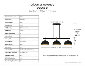 Urban Ambiance - Chandelier - UQL6061 Urban Loft Indoor Chandelier, 10.00''H x 44.25''W x 12.00''Dep, Matte Black Finish, Colton Collection - 