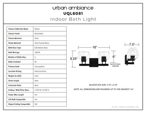 Urban Ambiance - Bath Light - UQL6081 Cosmopolitan Indoor Bath Light, 8.25''H x 16.00''W x 7.50''Dep, Matte Black Finish, Delano Collection - 