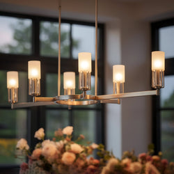 Urban Ambiance - Chandelier - UQL6100 Transitional Indoor Chandelier, 10.25''H x 48.00''W x 18.25''Dep, Brushed Nickel Finish, Bradenton Collection - 