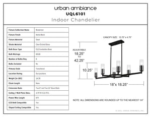 Urban Ambiance - Chandelier - UQL6101 Transitional Indoor Chandelier, 10.25''H x 48.00''W x 18.25''Dep, Matte Black Finish, Bradenton Collection - 