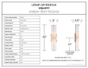 Urban Ambiance - Wall Sconce - UQL6111 Tuscan Indoor Wall Sconce, 22.00''H x 5.00''W x 3.50''Dep, Bronze Gold Finish, Milford Collection - 