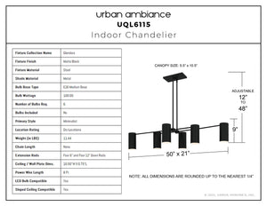 Urban Ambiance - Chandelier - UQL6115 Minimalist Indoor Chandelier, 9.00''H x 50.00''W x 21.00''Dep, Matte Black Finish, Glendora Collection - 