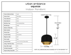 Urban Ambiance - Pendant - UQL6120 Glam Indoor Pendant, 11.50''H x 12.00''W x 12.00''Dep, Matte Black Finish, Joplin Collection - 