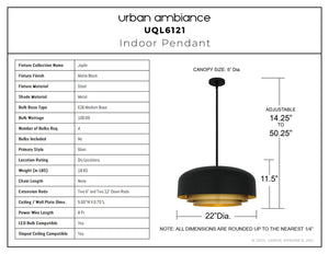 Urban Ambiance - Pendant - UQL6121 Glam Indoor Pendant, 11.50''H x 22.00''W x 22.00''Dep, Matte Black Finish, Joplin Collection - 