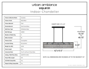 Urban Ambiance - Chandelier - UQL6131 Cosmopolitan Indoor Chandelier, 8.25''H x 42.00''W x 10.50''Dep, Matte Black Finish, Casselton Collection - 