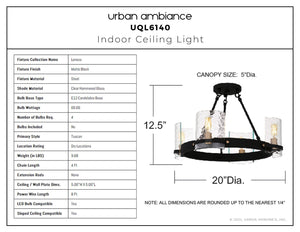 Urban Ambiance - Ceiling Light - UQL6140 Tuscan Indoor Ceiling Light, 12.50''H x 20.00''W x 20.00''Dep, Matte Black Finish, Lenexa Collection - 