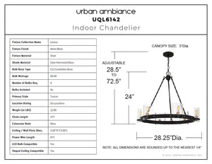 Urban Ambiance - Chandelier - UQL6142 Tuscan Indoor Chandelier, 24.00''H x 28.25''W x 28.25''Dep, Matte Black Finish, Lenexa Collection - 