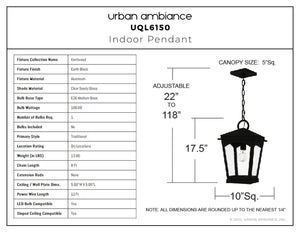 Urban Ambiance - Pendant - UQL6150 Traditional Indoor Pendant, 17.50''H x 10.00''W x 10.00''Dep, Earth Black Finish, Kentwood Collection - 