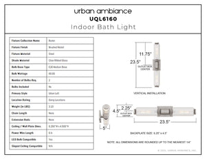 Urban Ambiance - Bath Light - UQL6160 Urban Loft Indoor Bath Light, 4.50''H x 23.50''W x 5.00''Dep, Brushed Nickel Finish, Burien Collection - 