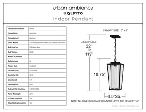 Urban Ambiance - Pendant - UQL6170 Traditional Indoor Pendant, 18.75''H x 8.50''W x 8.50''Dep, Matte Black Finish, Monroe Collection - 