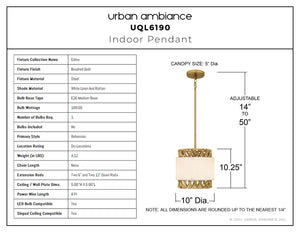 Urban Ambiance - Pendant - UQL6190 Bohemian Indoor Pendant, 10.25''H x 10.00''W x 10.00''Dep, Brushed Gold Finish, Edina Collection - 