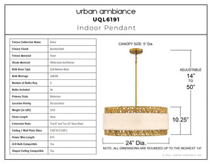 Urban Ambiance - Pendant - UQL6191 Bohemian Indoor Pendant, 10.25''H x 24.00''W x 24.00''Dep, Brushed Gold Finish, Edina Collection - 