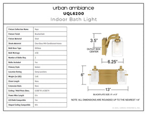 Urban Ambiance - Bath Light - UQL6200 Modern Indoor Bath Light, 6.00''H x 13.00''W x 6.25''Dep, Brushed Gold Finish, Napa Collection - 