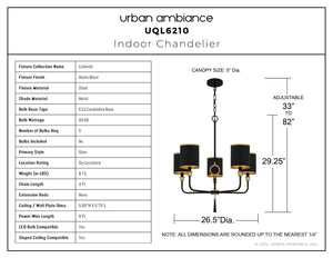 Urban Ambiance - Chandelier - UQL6210 Glam Indoor Chandelier, 29.25''H x 26.50''W x 26.50''Dep, Matte Black Finish, Caldwell Collection - 