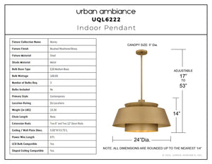 Urban Ambiance - Pendant - UQL6222 Contemporary Indoor Pendant, 14.00''H x 24.00''W x 24.00''Dep, Brushed Weathered Brass Finish, Murray Collection - 