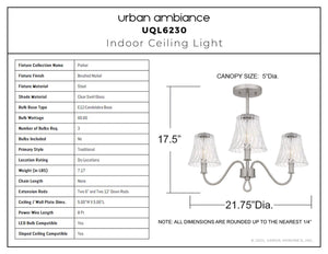 Urban Ambiance - Ceiling Light - UQL6230 Traditional Indoor Ceiling Light, 17.50''H x 21.75''W x 21.75''Dep, Brushed Nickel Finish, Parker Collection - 