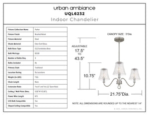 Urban Ambiance - Chandelier - UQL6232 Traditional Indoor Chandelier, 10.75''H x 21.75''W x 21.75''Dep, Brushed Nickel Finish, Parker Collection - 