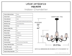 Urban Ambiance - Chandelier - UQL6235 Traditional Indoor Chandelier, 11.50''H x 29.50''W x 29.50''Dep, Matte Black Finish, Parker Collection - 