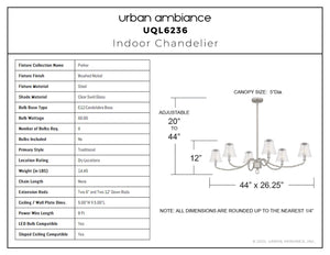 Urban Ambiance - Chandelier - UQL6236 Traditional Indoor Chandelier, 12.00''H x 44.00''W x 26.25''Dep, Brushed Nickel Finish, Parker Collection - 
