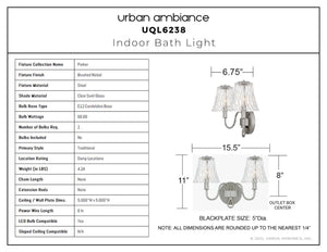 Urban Ambiance - Bath Light - UQL6238 Traditional Indoor Bath Light, 11.00''H x 15.50''W x 6.75''Dep, Brushed Nickel Finish, Parker Collection - 