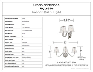 Urban Ambiance - Bath Light - UQL6240 Traditional Indoor Bath Light, 11.00''H x 23.00''W x 8.75''Dep, Brushed Nickel Finish, Parker Collection - 