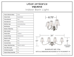 Urban Ambiance - Bath Light - UQL6242 Traditional Indoor Bath Light, 11.00''H x 31.00''W x 8.75''Dep, Brushed Nickel Finish, Parker Collection - 